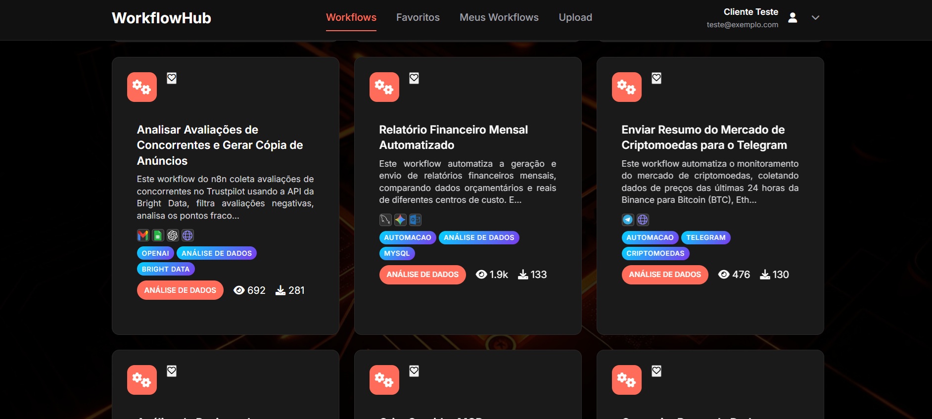 Painel da plataforma mostrando a lista de workflows n8n